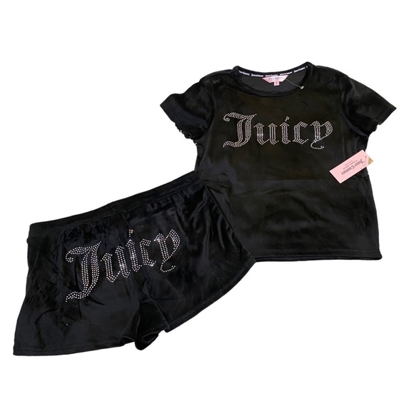 Juicy Couture Velour  Black Pajamas Set  Shorts with Rhinestones - Picture 2 of 6